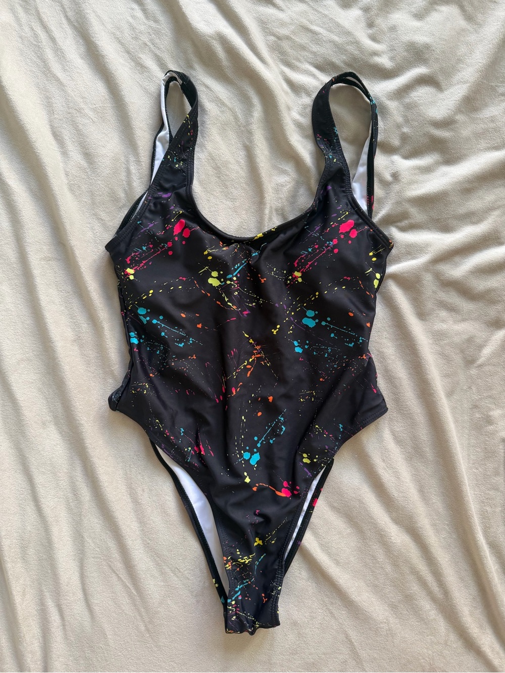 Kids Black One-Piece Swimsuit with Neon Paint Splatter